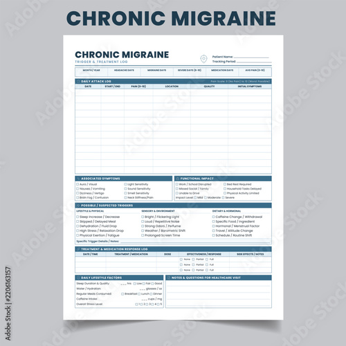 Chronic Migraine Trigger and Treatment Tracking Log Template Printable Vector.
