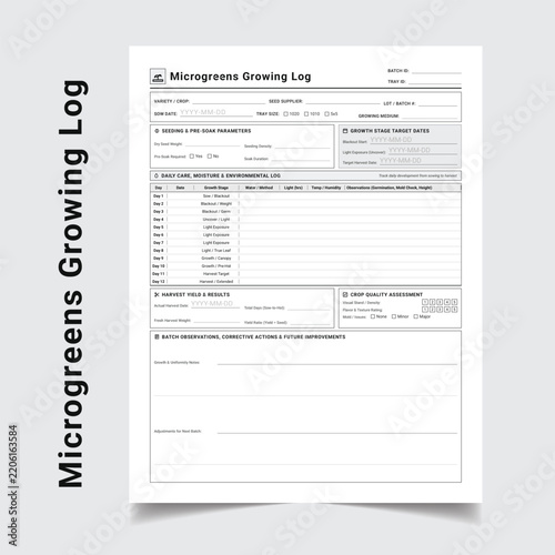 Microgreens Growing Log Template for Professional Farm Management Printable Vector.