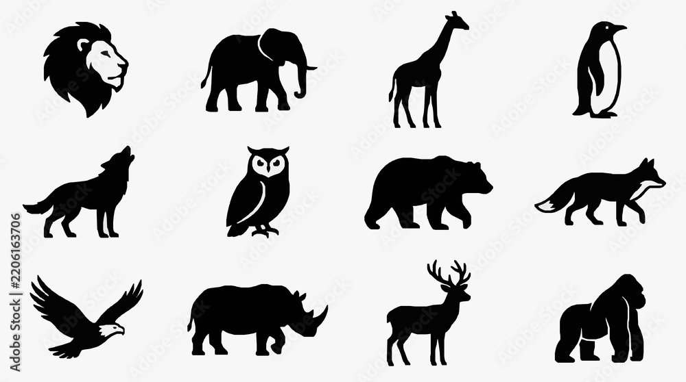 Obraz premium Black and White Silhouettes of Iconic Wildlife Animals Set