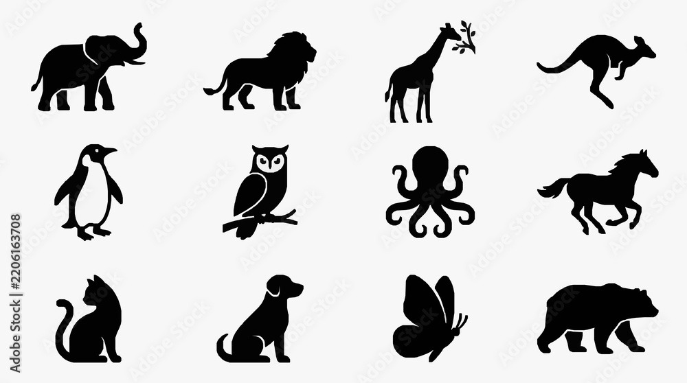 Fototapeta premium Black and White Silhouettes of Diverse Wildlife and Creatures Collection
