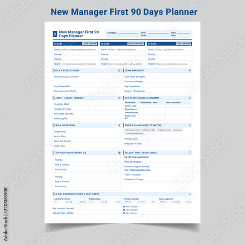 Professional New Manager 90 Day Onboarding and Strategic Action Plan Template Printable Vector.