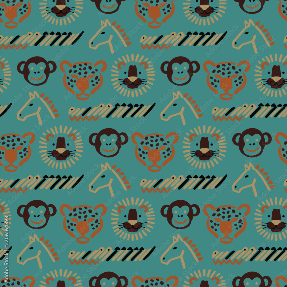 Obraz premium Repeating hand drawn safari animal pattern with monkey, leopard, lion, horse and zebra faces on teal background, playful child friendly design for wallpaper, fabric, wrapping and nursery decor