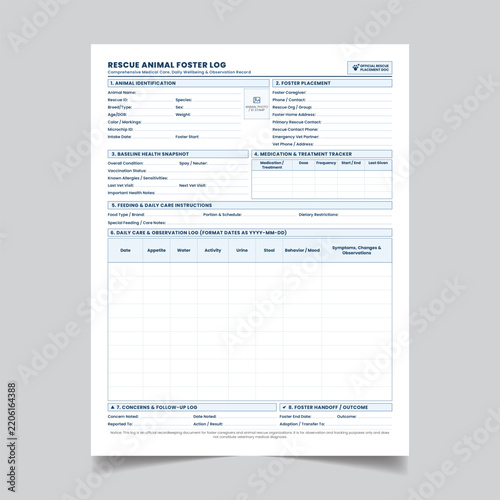 Professional Rescue Animal Foster Care Tracking Log Form Printable Vector.