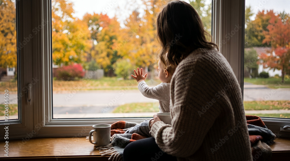Fototapeta premium Mother and child reaching out to autumn scenery through a window 