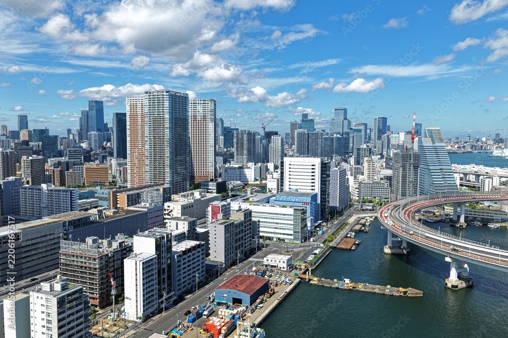 Obraz premium Aerial drone photo of coastal cityscape with waterway and crane in Minato, Tokyo