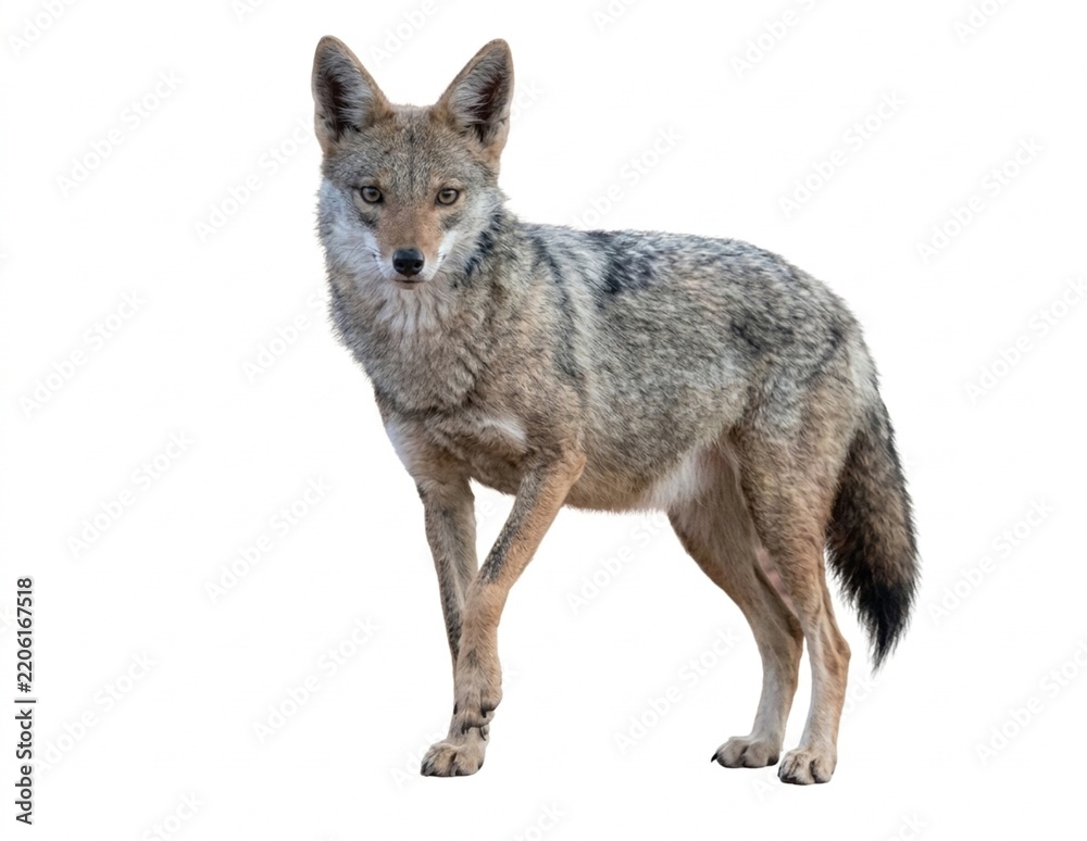 Fototapeta premium Egyptian Jackal / African Wolf (Canis lupus lupaster) Isolated on White Background. Full Body Front View