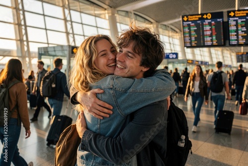Young man, woman hug tightly in busy airport terminal. Happy travelers reunite after long journey. Emotional farewell greeting between friends lovers near departure gates with luggage, people walking
