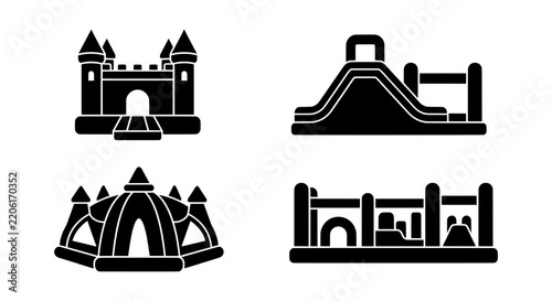 Bouncy castle icon set, inflatable bounce house vector, playground slide graphic