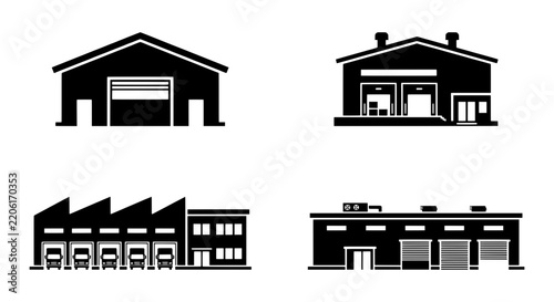 Industrial warehouse icons, black factory building vector symbols, logistics center set