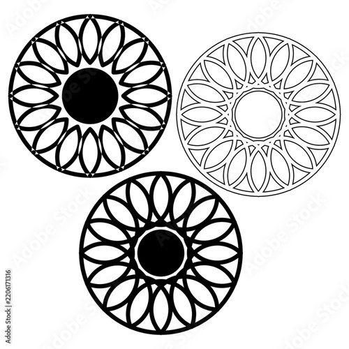 Geometric circle wheel mandala rosette set with black vector shape