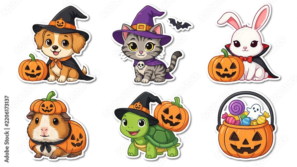 Fototapeta premium Cute Halloween Animal Clipart Collection with Witch Dog, Wizard Cat, Vampire Bunny, Pumpkin Guinea Pig and Spooky Turtle