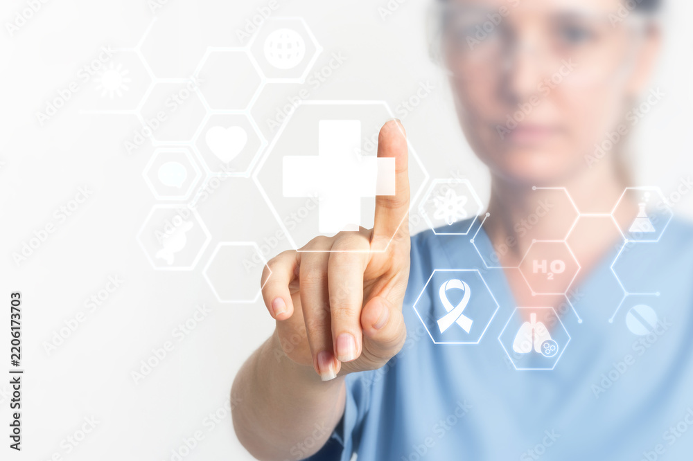 Obraz premium Medical professional pressing a digital white plus icon on interface