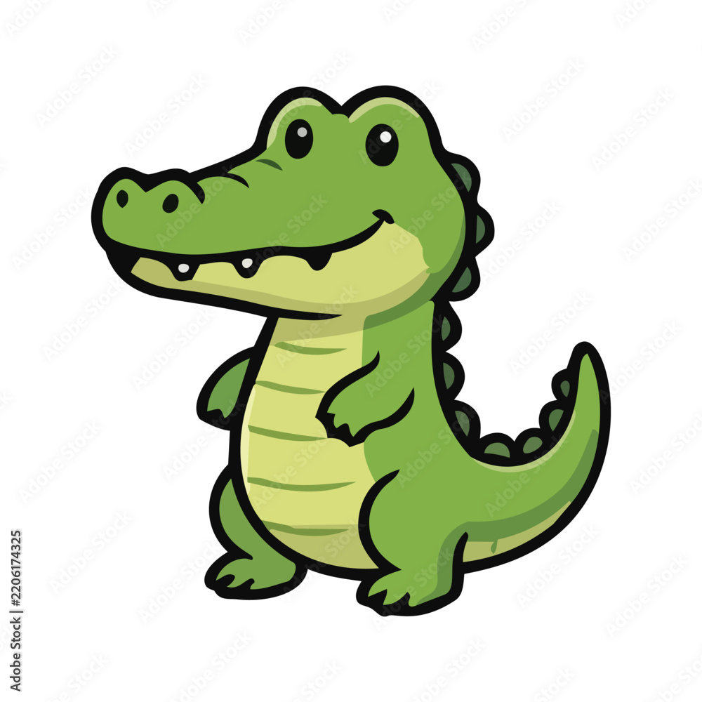 Obraz premium Cute cartoon baby crocodile smiling and standing with thick outline illustration