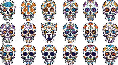A collection of decorative Day of the Dead sugar skulls and animal mask vector illustrations featuring colorful traditional Mexican floral and tribal patterns.