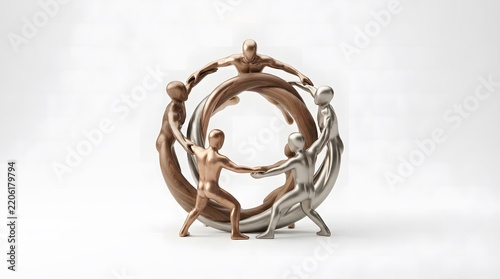 Abstract metallic human figures holding hands in a circle on white background