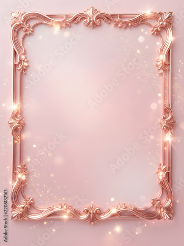 Elegant rose gold ornate border featuring intricate baroque curves and sparkling bokeh light effects over a soft pink background.