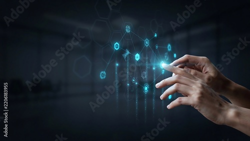 Human hand interacts with futuristic digital network, illustrating advanced data connectivity and innovative technology solutions in a high-tech business environment