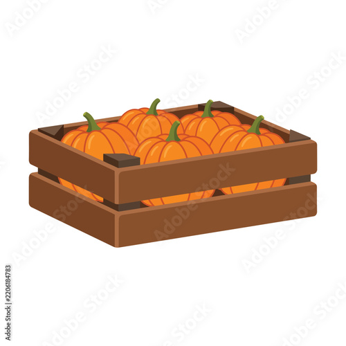 Fresh orange pumpkins in a rustic wooden crate for autumn harvest season
