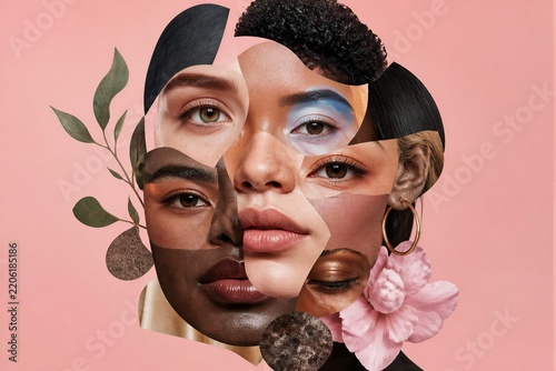 Composite fragmented faces collage with floral elements on pink