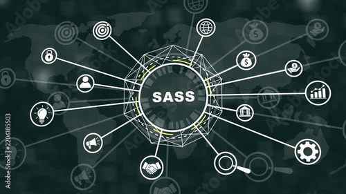 Dynamic saas software as a service business concept featuring animated global network connectivity and digital data flow infographics for corporate technology presentations and modern digital