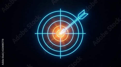 Glowing digital target with arrow hit center on futuristic blue interface