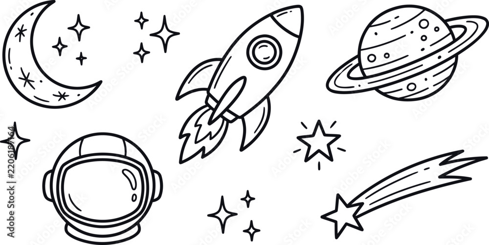 Obraz premium Black and white space exploration illustration with rocket ship, crescent moon, Saturn planet, astronaut helmet, stars, and shooting star