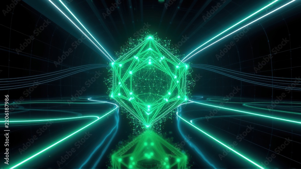 Fototapeta premium Glowing green geometric shape dominates dark space. Lines radiate outward, creating tunnel effect. Digital art, futuristic aesthetic.
