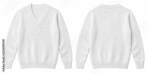 White V-neck knitted sweater mockup, front and back views on white background