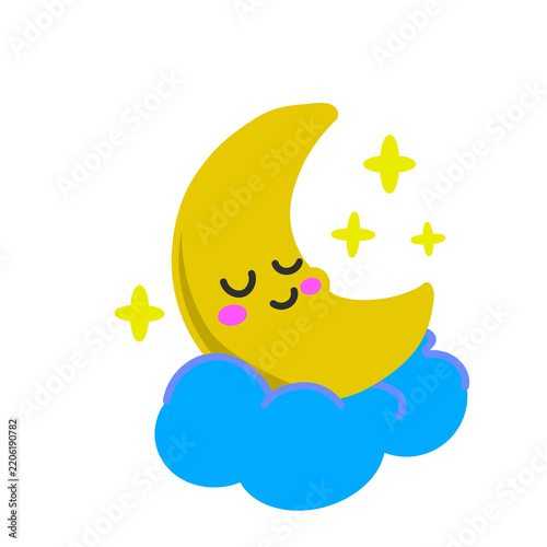 Canvastavla Cute sleeping crescent moon with stars resting on a blue cloud vector illustration isolated on white background