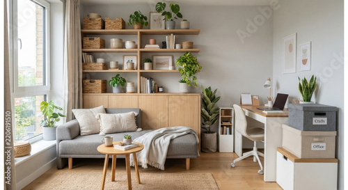 Modern Cozy Home Interior Featuring Wooden Bookshelf, Comfortable Sofa, Indoor Houseplants, and Warm Lighting