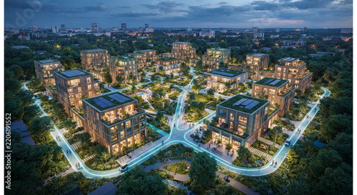 Aerial View of Smart Eco-City District at Night Featuring Glowing Digital Grid Networks and Sustainable Infrastructure