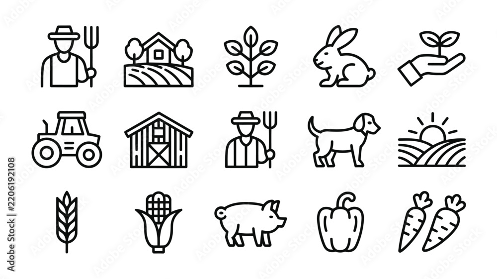 Fototapeta premium Organic farming and agriculture line icons set featuring farmer tractor barn livestock crops vegetables and sprout outline vector illustration set