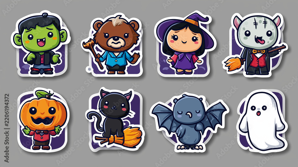 Obraz premium Cute Halloween Character Sticker Collection with Witch, Vampire, Ghost, Bat and Black Cat, Spooky Cartoon Vector Illustration