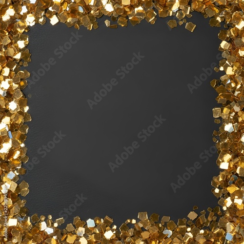 Gold glitter confetti border with black background 