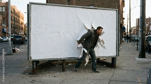Man Breaking Through Blank White Billboard on Gritty Urban Street, Symbolizing Breakthrough and Escape