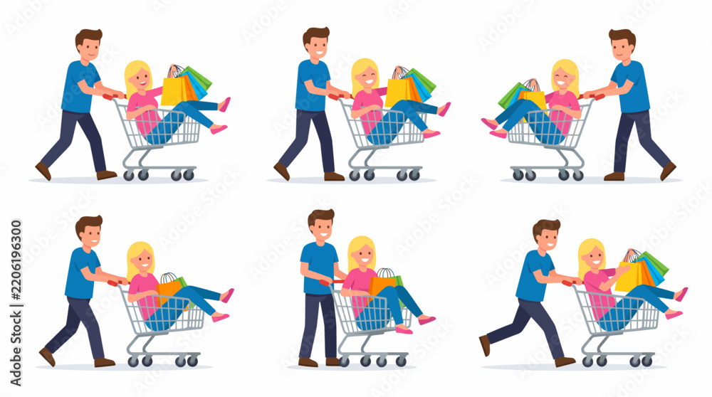 Fototapeta premium Six identical illustrations of a man pushing a smiling woman in a shopping cart, who is holding colorful shopping bags.