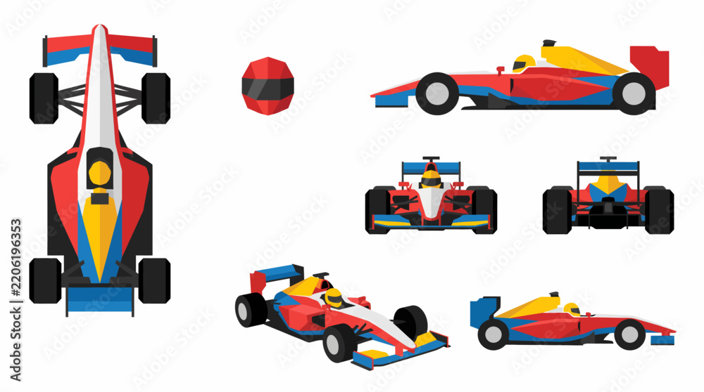 Obraz premium Multiple detailed views of a vibrant red, blue, and yellow Formula 1 race car and a matching racing helmet on a white background.