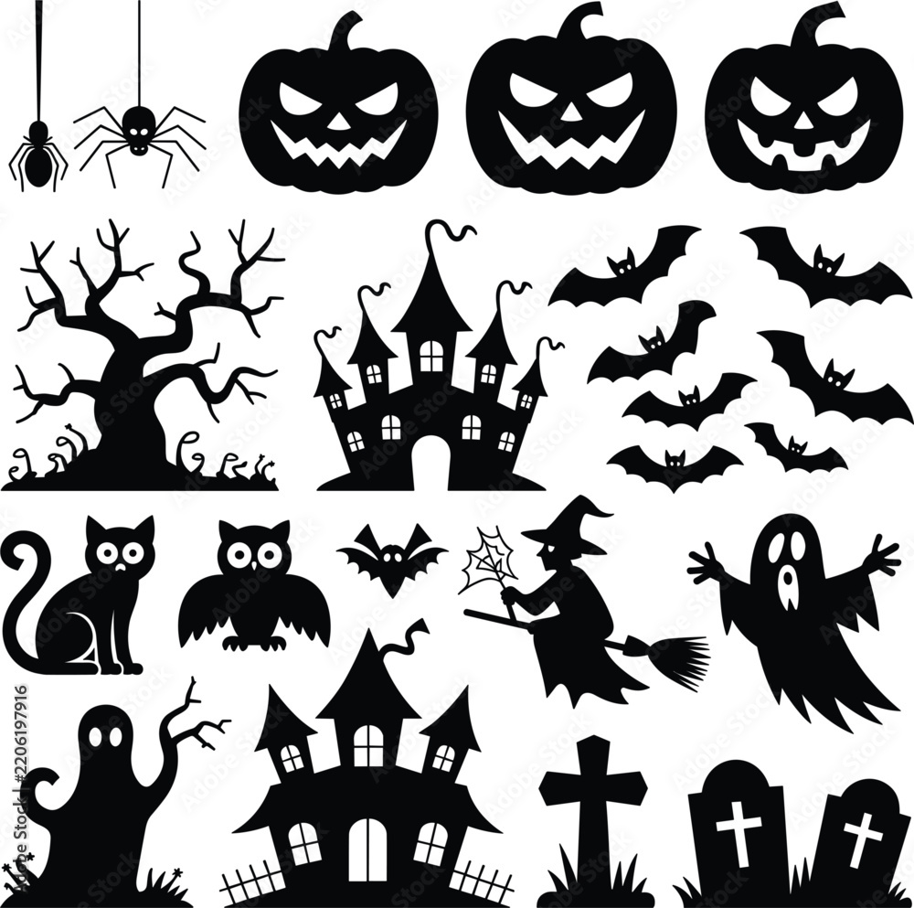Fototapeta premium Creepy Halloween graphic icon collection featuring jack o lantern pumpkins flying ghosts witches graves and haunted houses