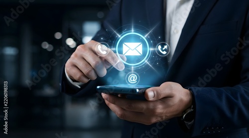 Businessman Using Smartphone with Glowing Email and Call Contact Interface