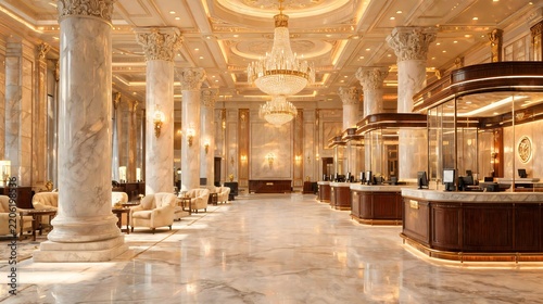 Grand luxurious hotel lobby interior featuring marble columns crystal chandeliers and elegant reception desks