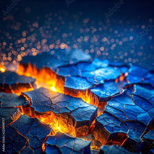Abstract macro view of cracked dark ground with orange glowing lava and embers. Useful for technology branding, energy campaigns, scientific content, gaming backgrounds, and digital marketing banners.
