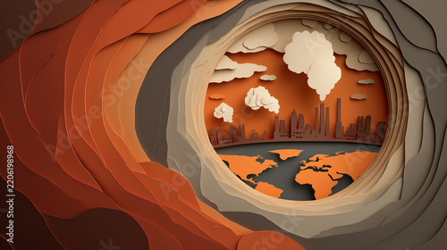 Paper Art Earth with Air Pollution, Factory Smoke and City Industry, Stop Global Warming Concept, Environmental Vector Illustration