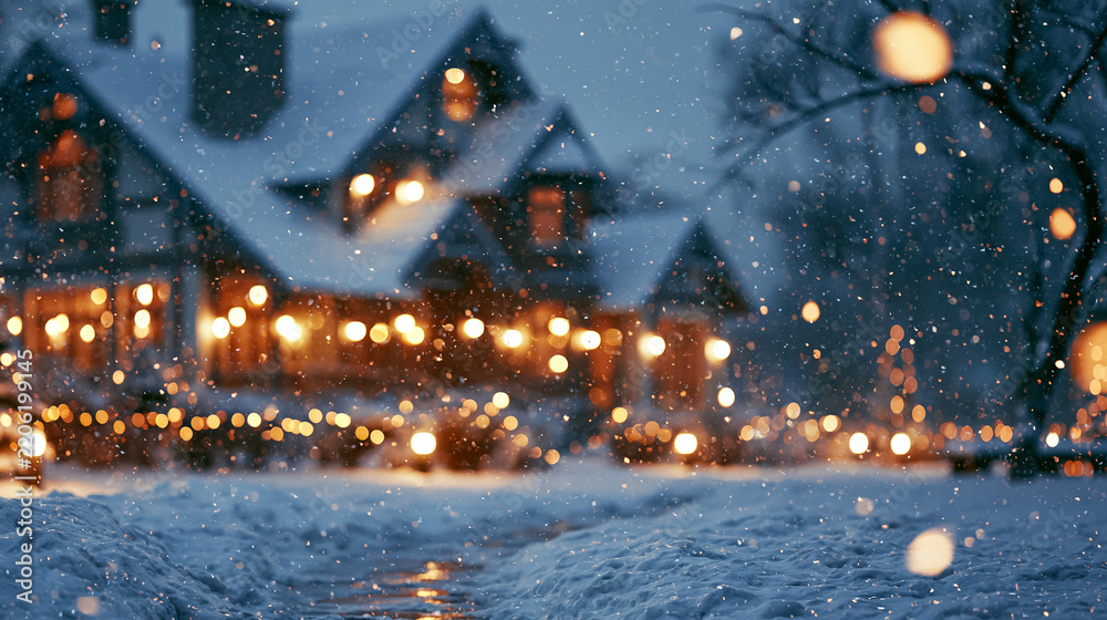Obraz premium Cozy house decorated with warm string lights during a beautiful winter evening snowfall, creating a festive holiday atmosphere