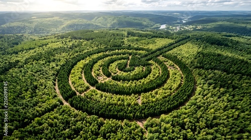 Earth Day spiral pathway through lush green forest with copy space for environmental campaigns