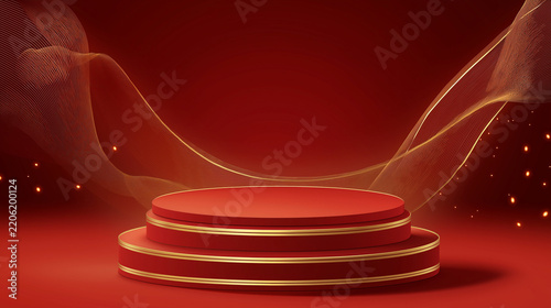 Luxury Red Podium with Elegant Gold Wave Lines for Cosmetic Product Advertising Vector Background