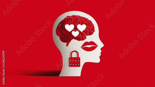 Paper Human Head Profile with Heart Brain and Padlock on Red Background, Love and Emotional Expression Concept