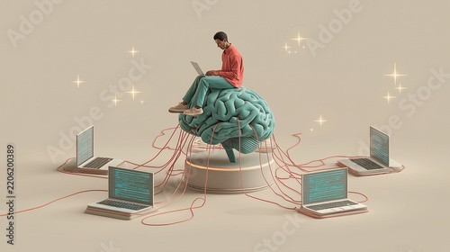 Programmer Sitting on Giant Brain Connected to Laptop, Surreal Technology and Coding Concept
