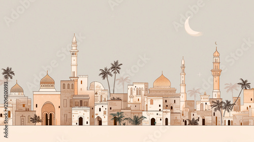 Ramadan Kareem Line Art Background Modern Islamic Greeting Card Poster Vector