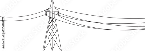 Power line in continuous line art drawing style. Abstract tower with overhead cables for electrical energy transmission black linear design isolated. one line art icon drawing