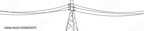 Power line in continuous line art drawing style. Abstract tower with overhead cables for electrical energy transmission black linear design isolated. one line art icon drawing
